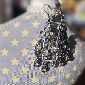 Elegant Silver Tone and Green Rhinestone Chandelier Earrings